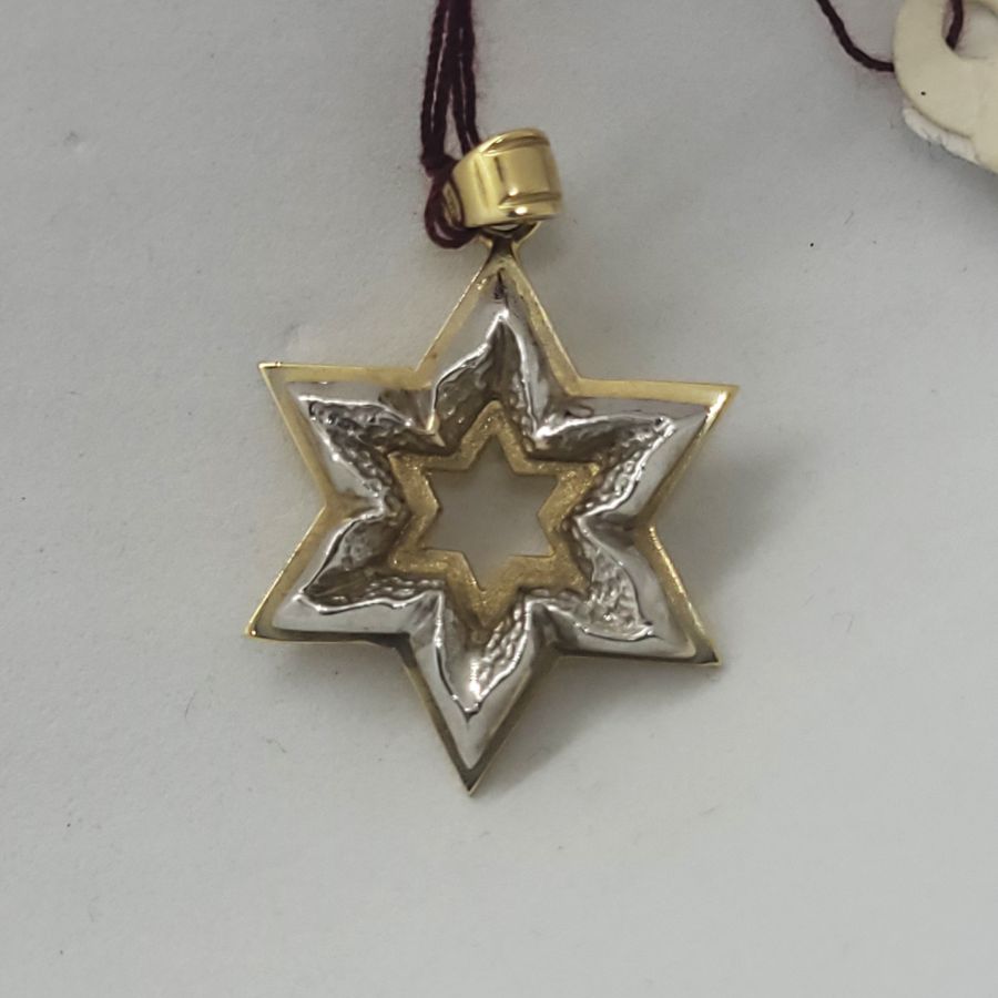 Handmade 14 carat white and yellow gold heavy solid MagenDavid pendant contemporary original abstract design suitable for men.