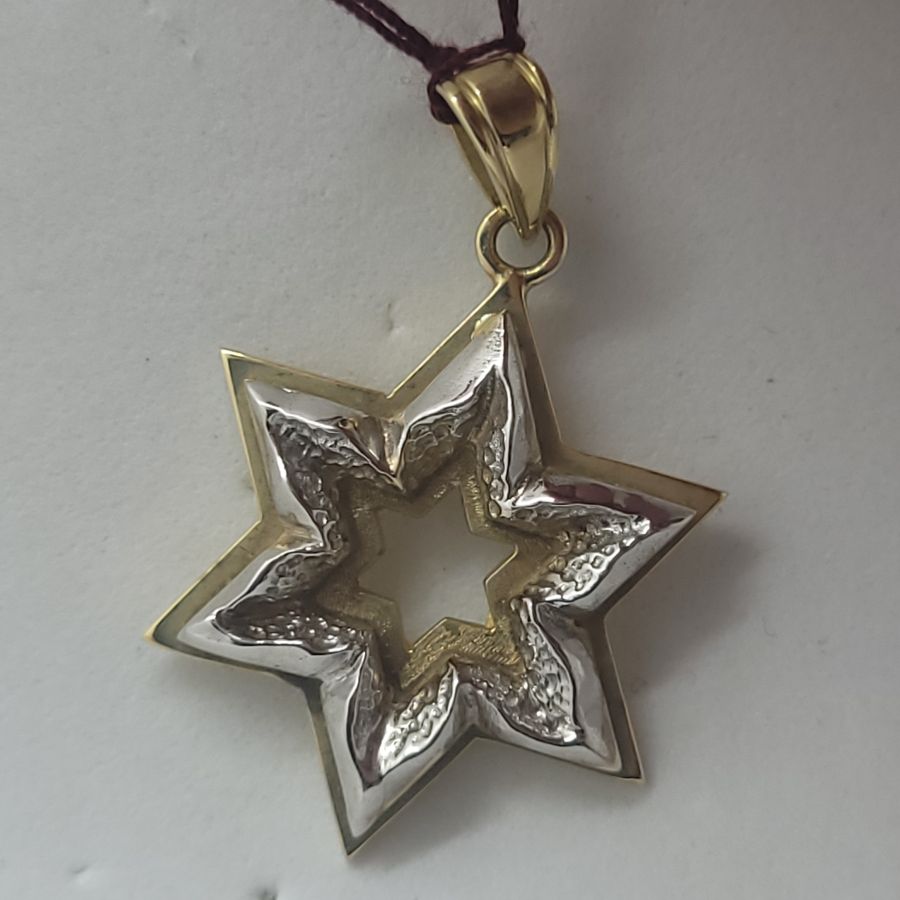 Handmade 14 carat white and yellow gold heavy solid MagenDavid pendant contemporary original abstract design suitable for men.