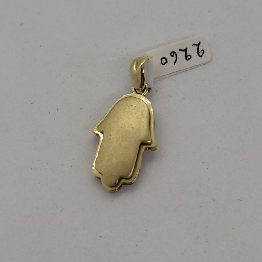 Handmade 14 carat white gold Chamsa Hamsa pendant yellow gold smooth sand polish smooth. Dimension 1.25 cm X 2.85 cm X 0.35 approximately.