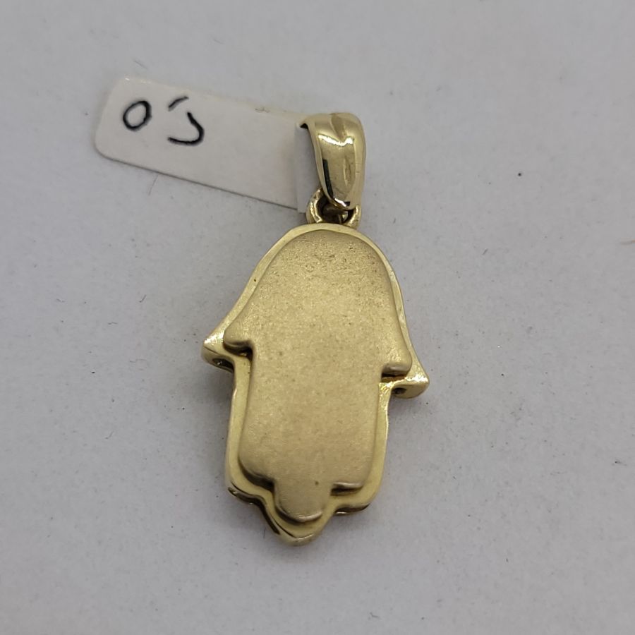 Handmade 14 carat white gold Chamsa Hamsa pendant yellow gold smooth sand polish smooth. Dimension 1.25 cm X 2.85 cm X 0.35 approximately.